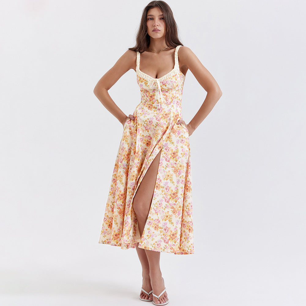 Floral Print Sweetheart Ruffle Neck Tie Front Corset Bodice A-Line Midi Dress 4