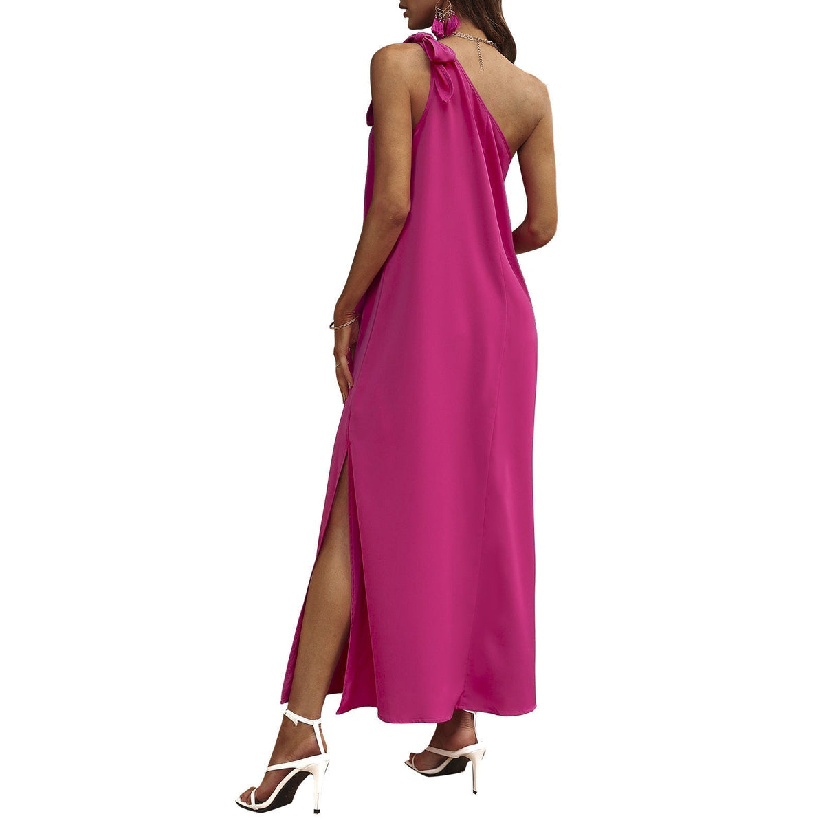One Shoulder Bow Tie Side Slit Maxi Dress 7
