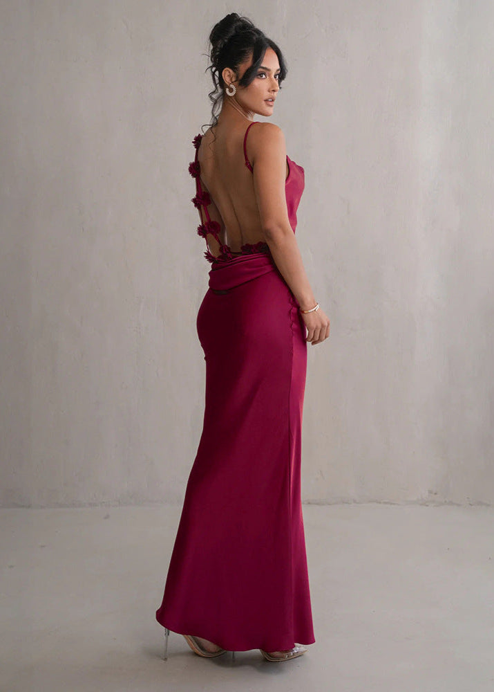 Satin Open Back Floral Rosette One-Shoulder Strap Floor-Length Gown 5