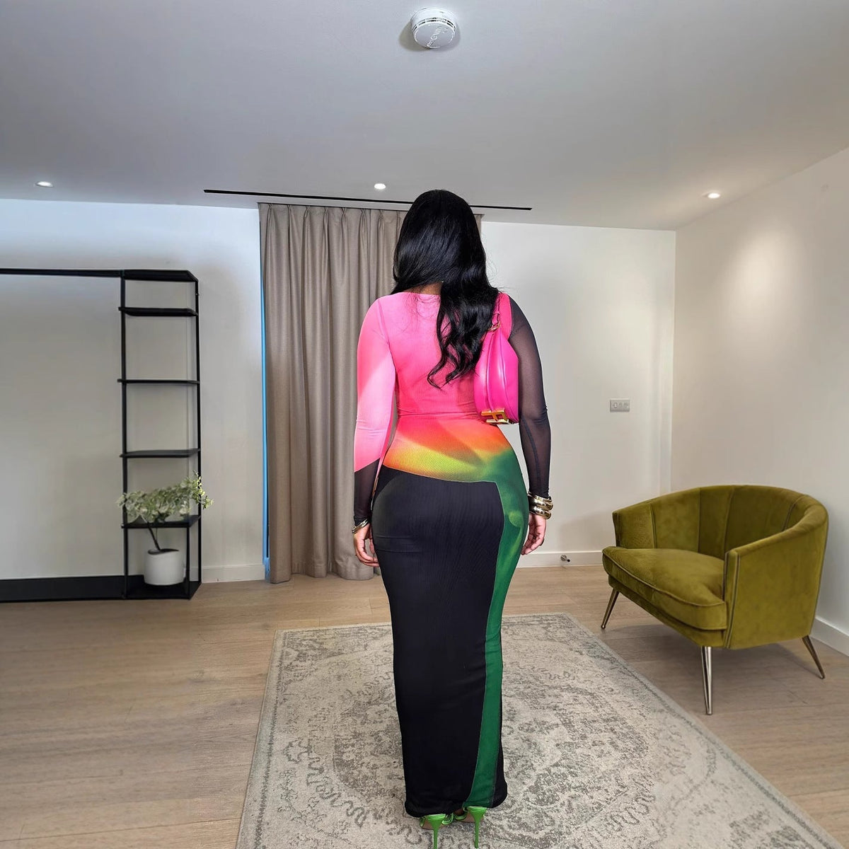 Crew Neck Mesh Sleeve Abstract Print Column Skirt Set 3