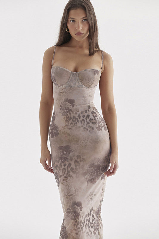 Sweetheart Bodycon Lace Mesh Sleeveless Printed Maxi Dress 15