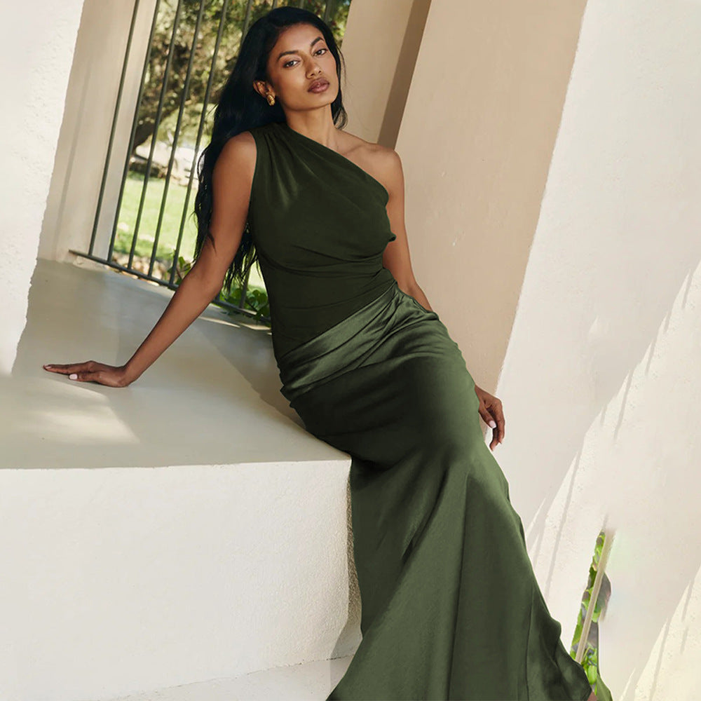 One Shoulder Ruched Matte Bodice Satin Draped Maxi Dress 2