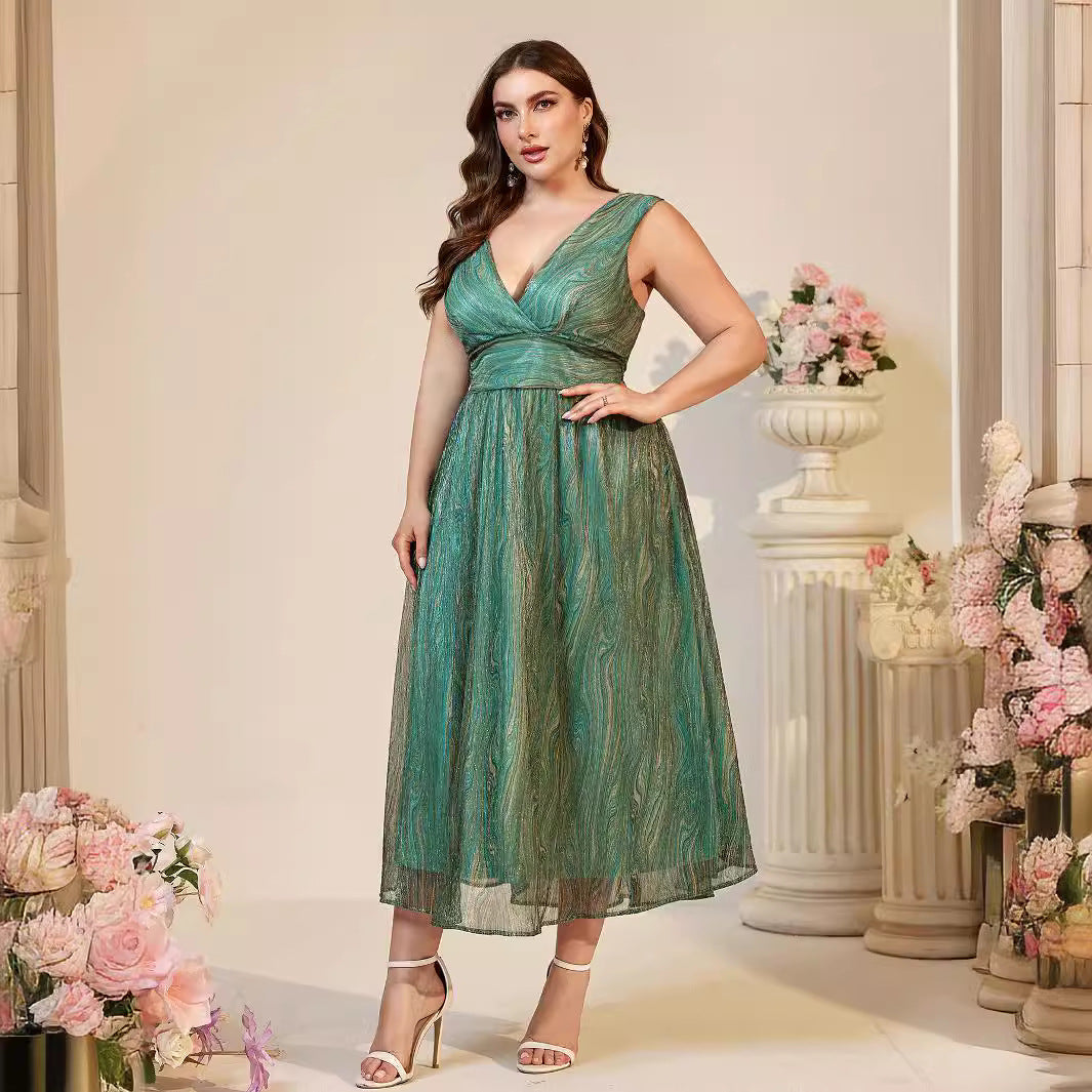 Deep V Neck Wrap Bodice Gathered Waist Shimmer Pleated Midi Dress 2