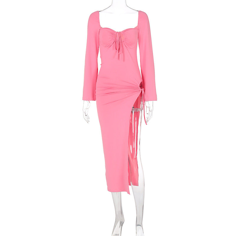 Sweetheart Keyhole Tie Long Sleeve Hip Cutout Slit Maxi Dress 2