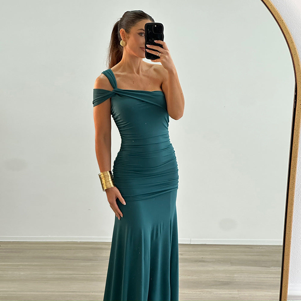 One Shoulder Ruched Gathered Bodycon Column Maxi Gown 2
