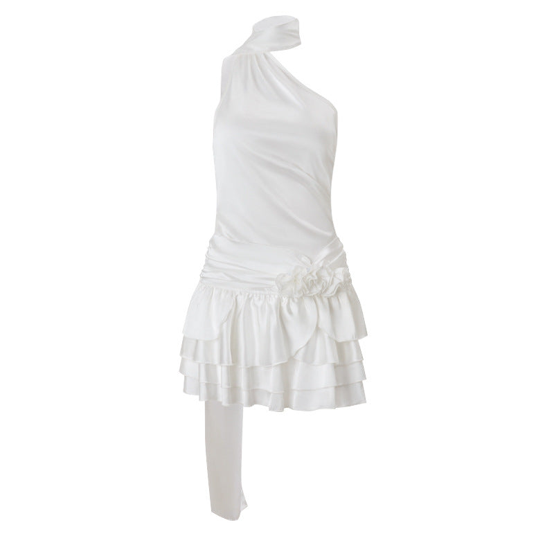 Asymmetric Halter Neck Fabric Rosette Tiered Ruffle Satin Mini Dress 2