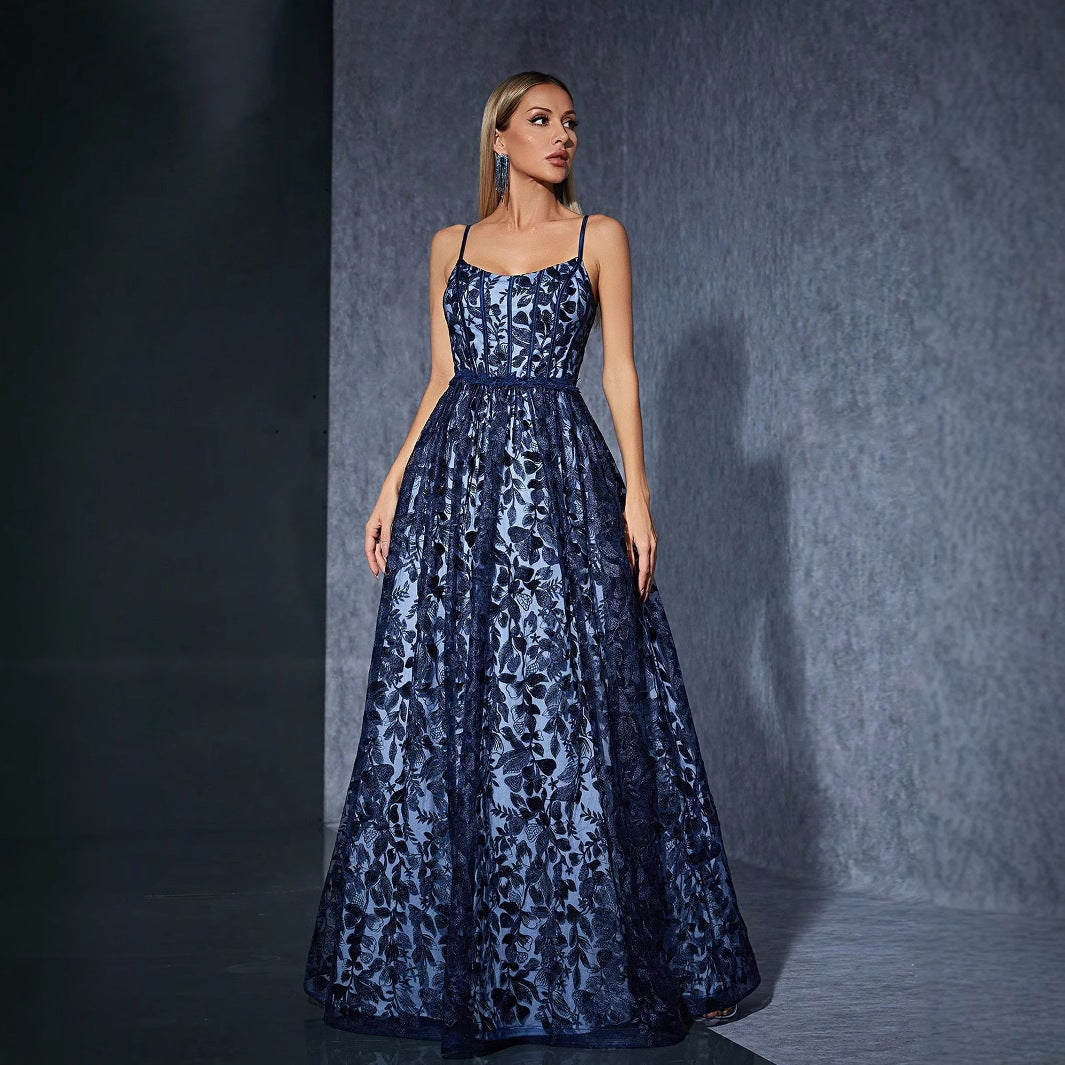 Spaghetti Strap Corset Boned Floral Lace Overlay Ball Gown Maxi Dress