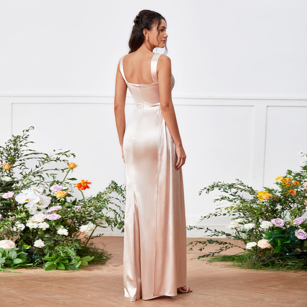 Square Neck Vertical Cutout Ruched Satin High Slit Drape Panel Maxi Gown 4