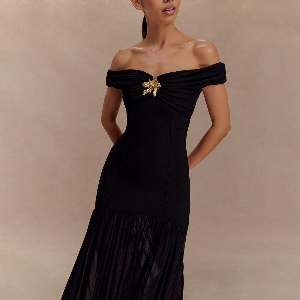 Off Shoulder Ruched Folded Bandage Maxi Dress