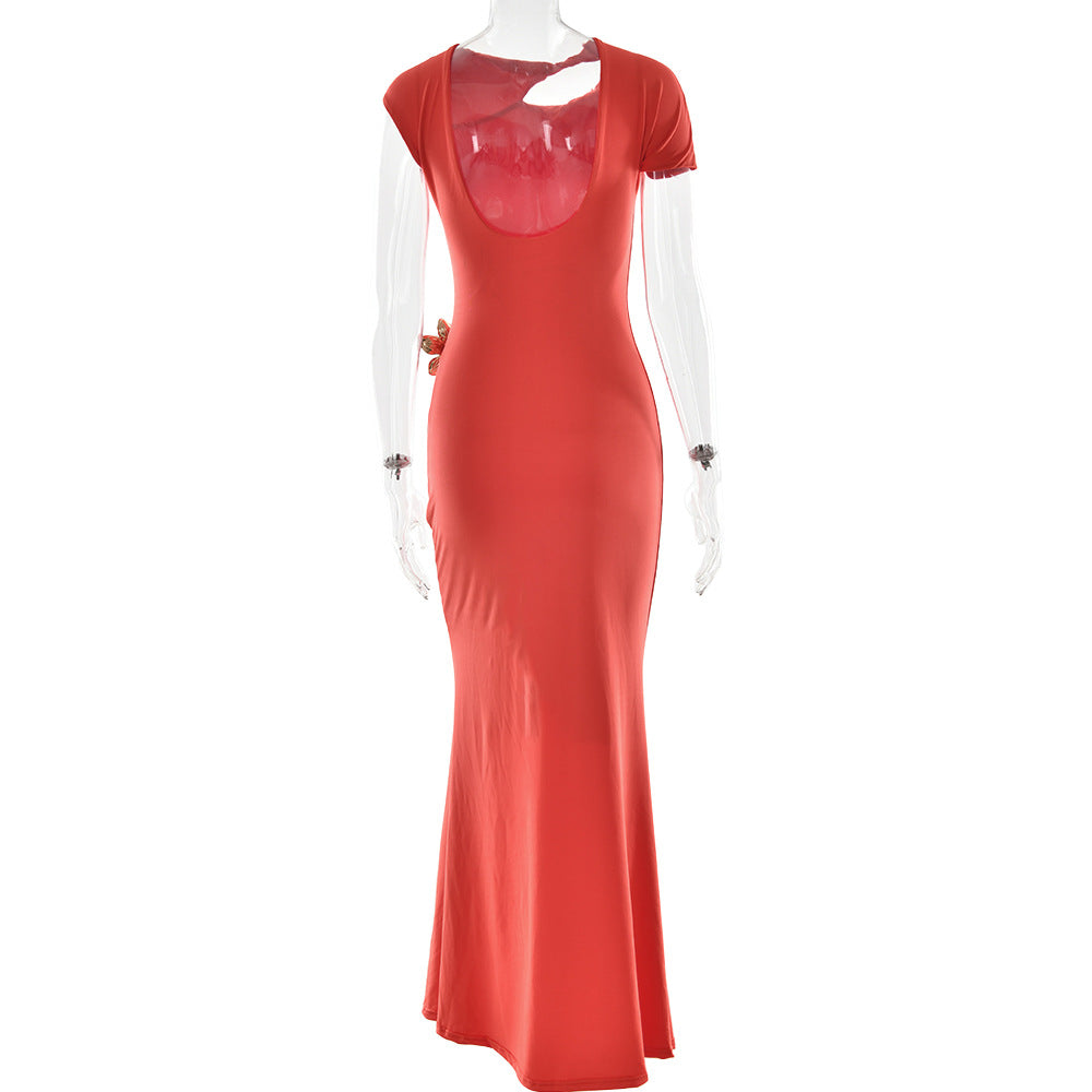 One Shoulder Cap Sleeve Cutout Ruched Maxi Dress with Buckle 6