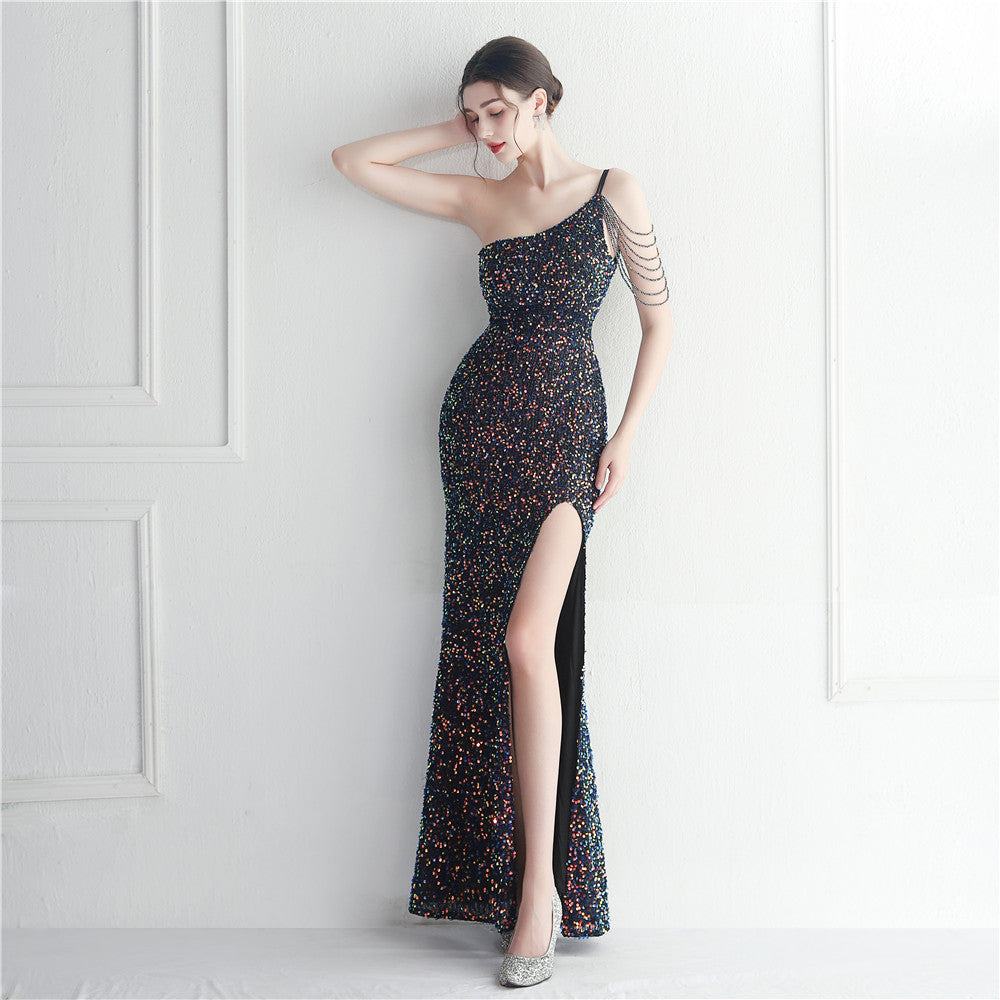 One-Shoulder Chain Tassel Sequin Embellished High Slit Column Maxi Gown 3
