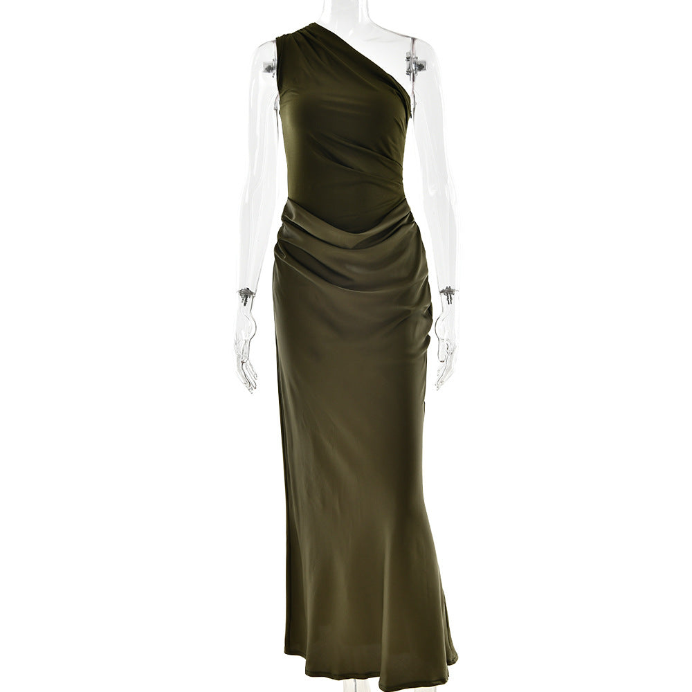 One Shoulder Ruched Matte Bodice Satin Draped Maxi Dress 4