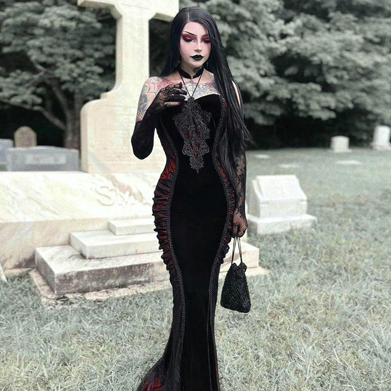 Sweetheart Lace Overlay Ruched Side Panel Velvet Mermaid Maxi Gown