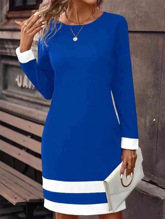 Contrast Cuff Color Block Crew Neck Long Sleeve Bodycon Mini Dress 2