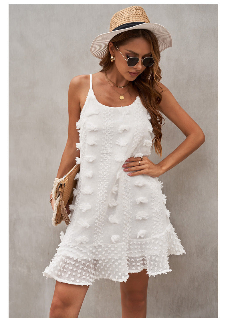 Spaghetti Strap Pom Pom Trim Tiered Babydoll Mini Dress