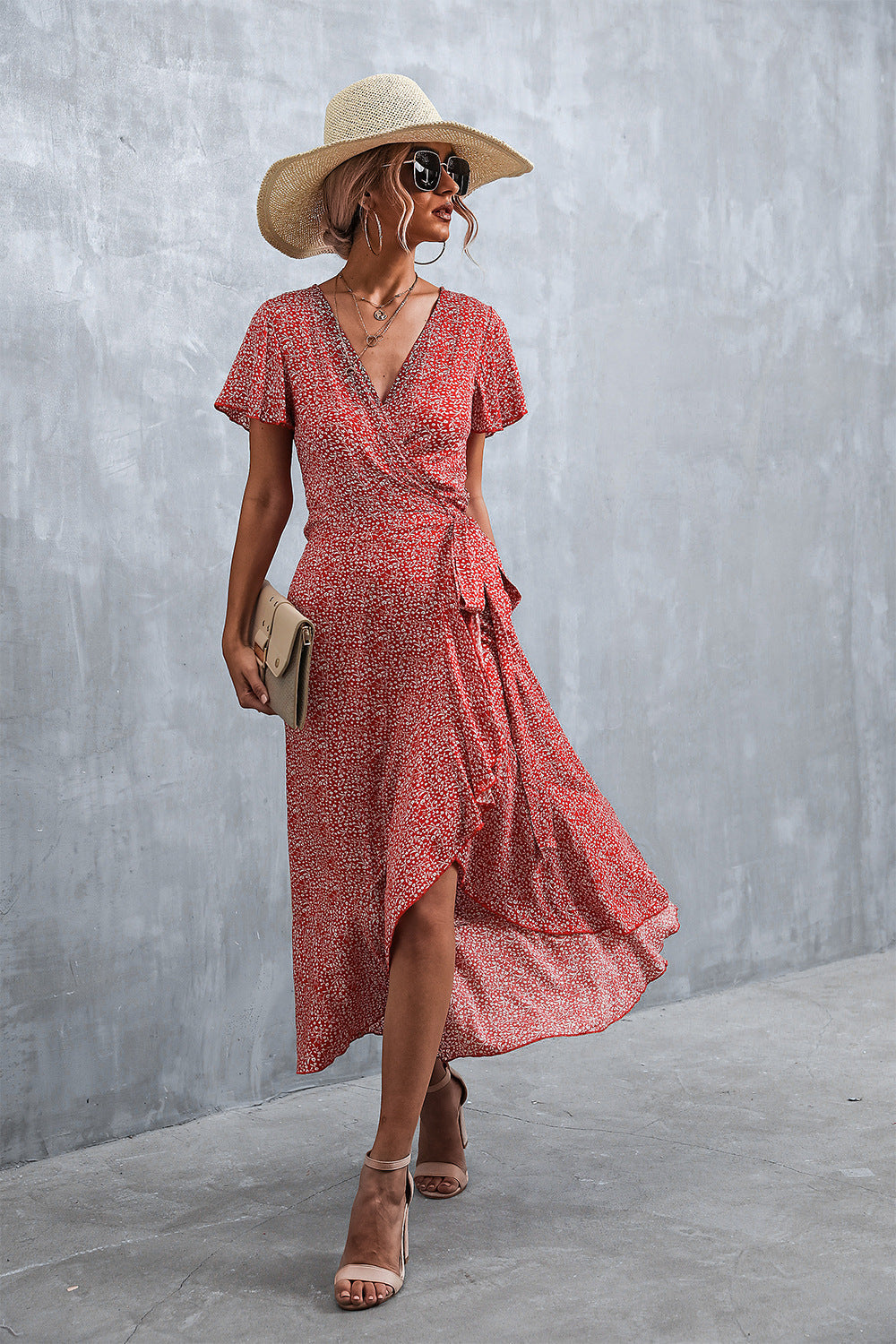 Deep V Neck Flutter Sleeve Wrap Tie Ditsy Floral High Low Midi Dress