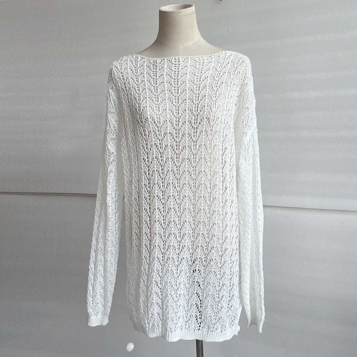 Boat Neck Long Sleeve Open Knit Chevron Crochet Sheer Beach Cover Up Dress 4