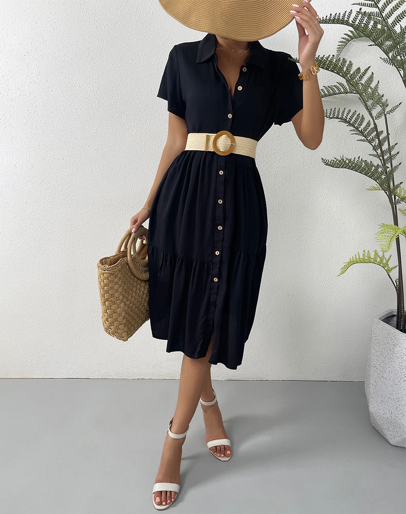 Collared Button Front Tie Belt Tiered Ruffle Midi Dress