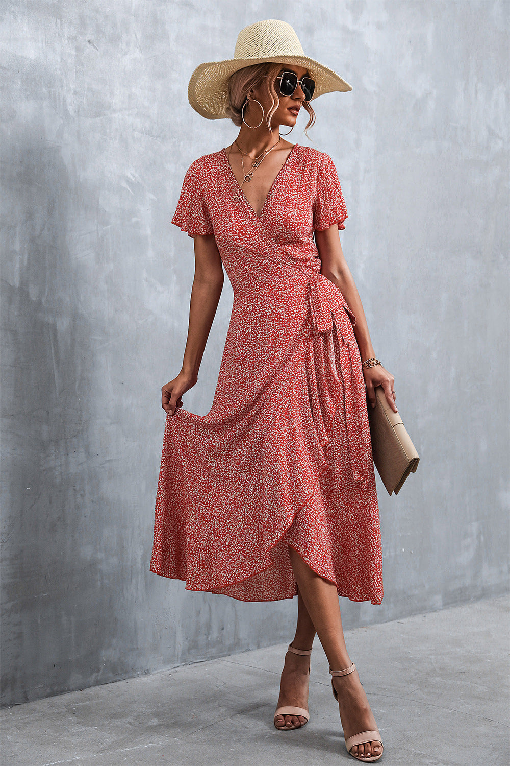 Deep V Neck Flutter Sleeve Wrap Tie Ditsy Floral High Low Midi Dress 6