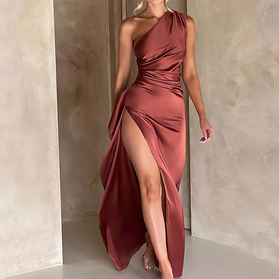 Satin One-Shoulder Ruched Bodice High Slit Column Maxi Gown 18