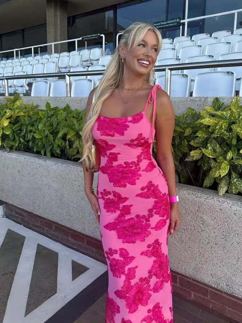 Floral Print Sweetheart Corset Lace Trim Spaghetti Strap Maxi Dress 5