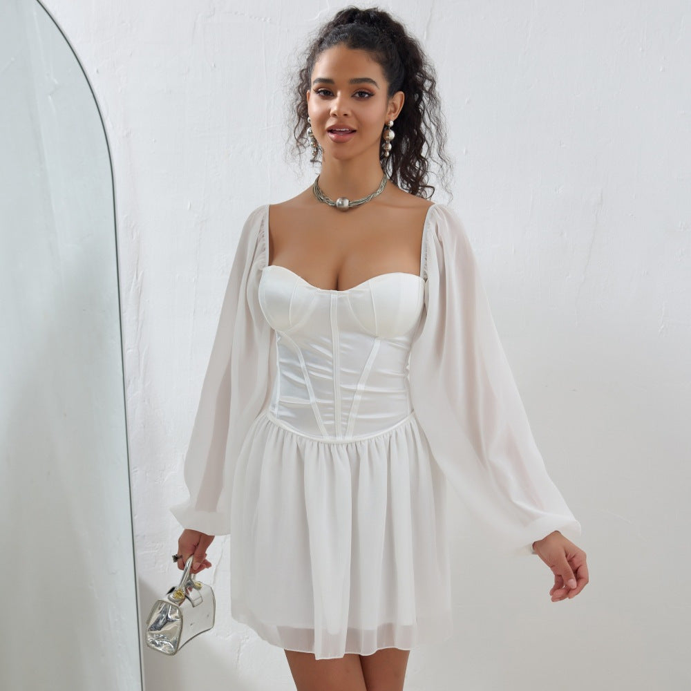 Sweetheart Corset Puff Sleeve Mesh Overlay Mini Dress 2