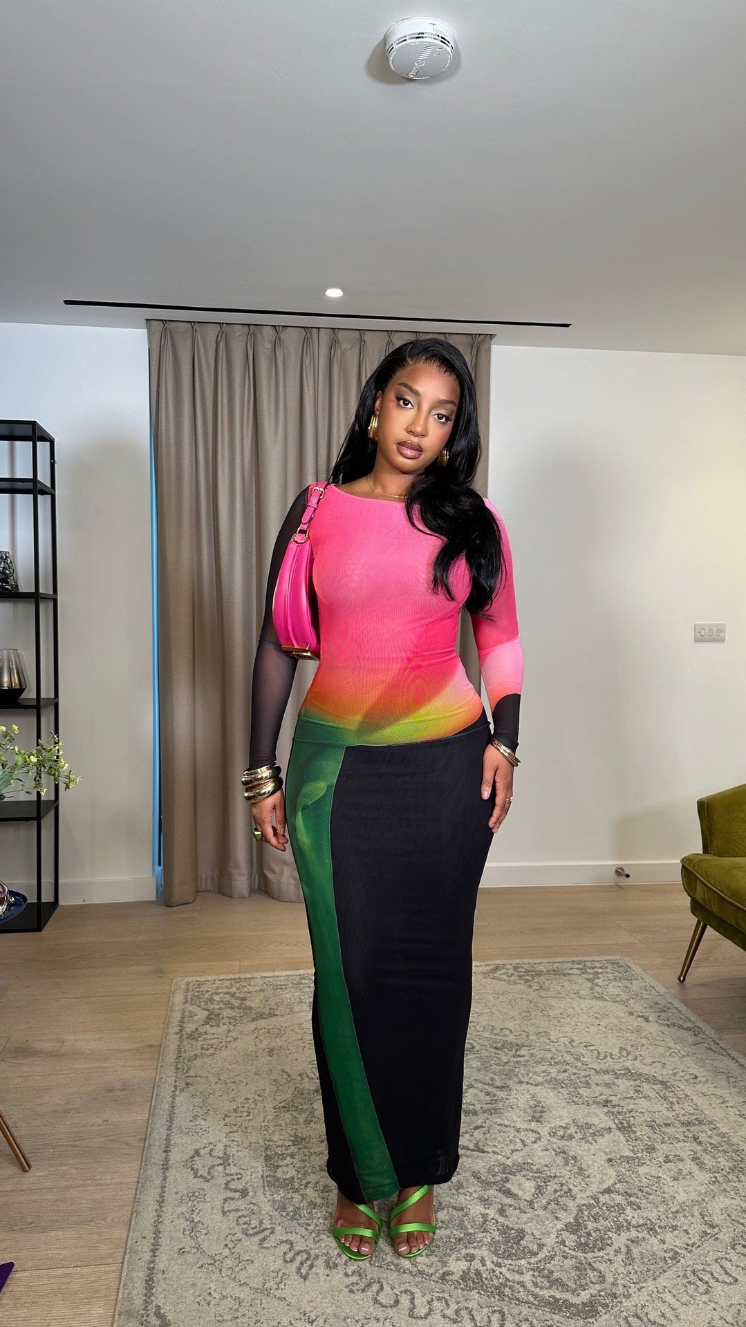 Crew Neck Mesh Sleeve Abstract Print Column Skirt Set 4