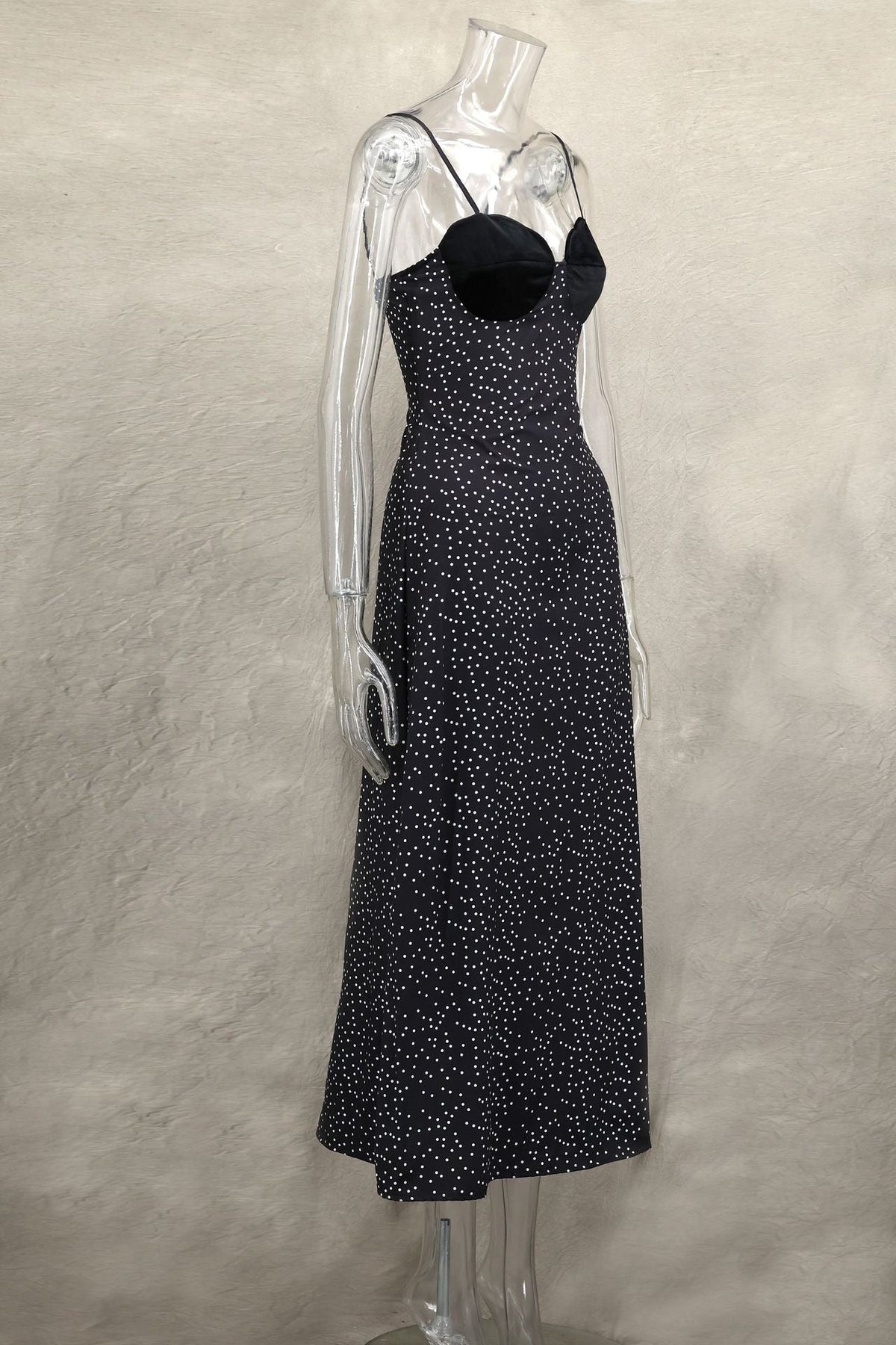 Spaghetti Strap Scalloped Velvet Bust Polka Dot Bodycon Maxi Dress 9