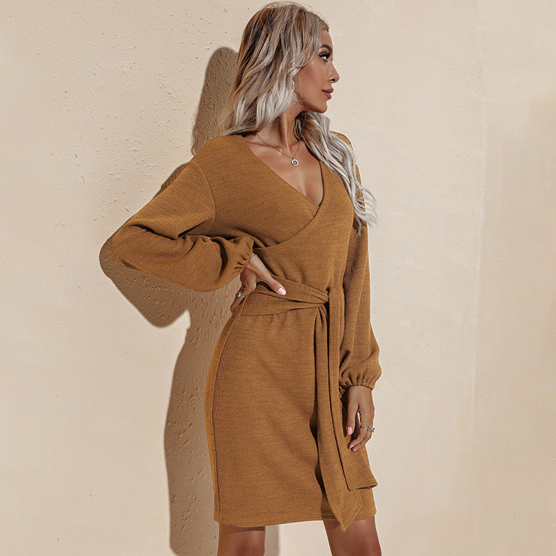 V Neck Wrap Front Lantern Sleeve Knit Mini Dress With Self Tie Belt 8