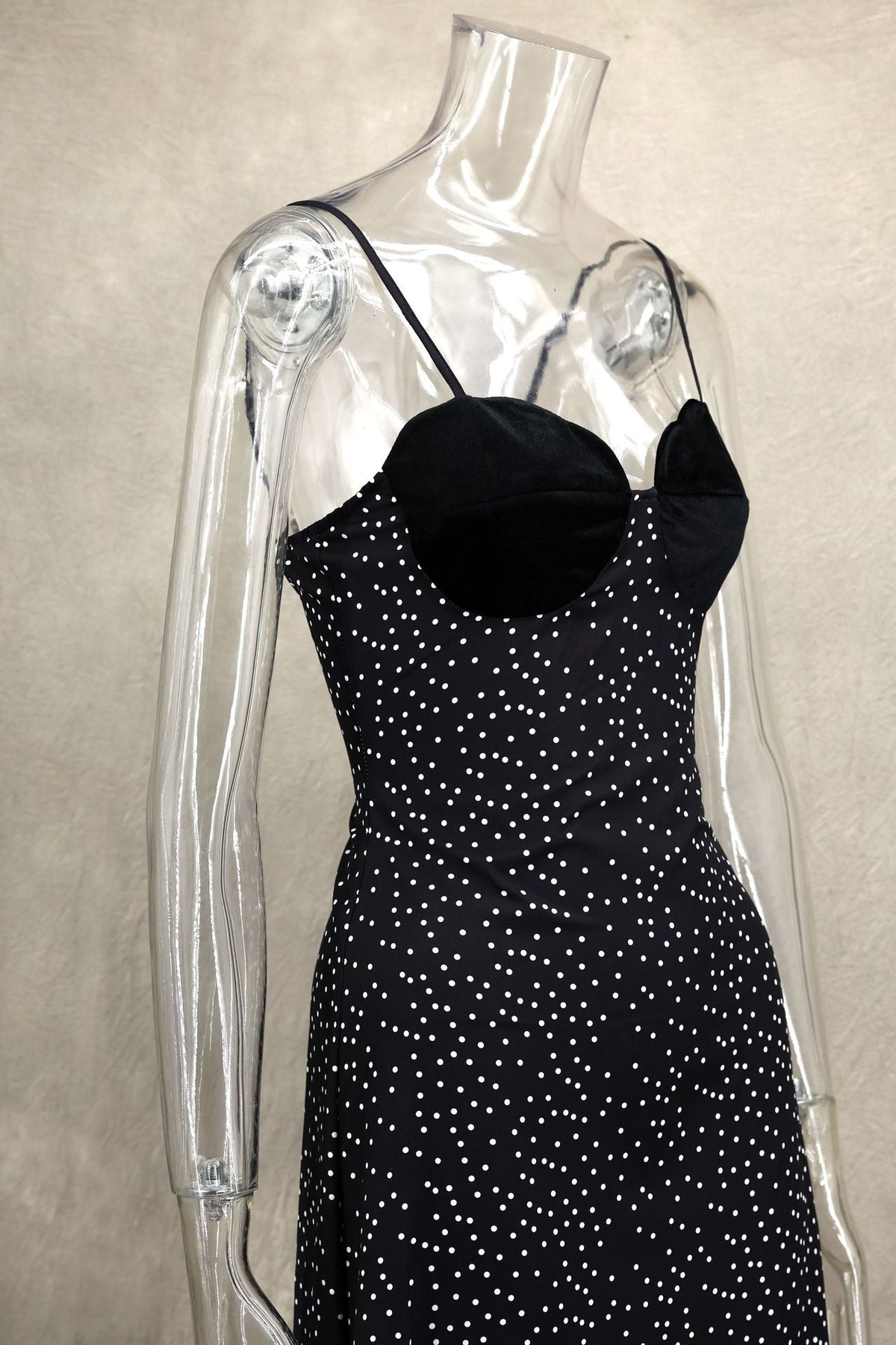 Spaghetti Strap Scalloped Velvet Bust Polka Dot Bodycon Maxi Dress 11