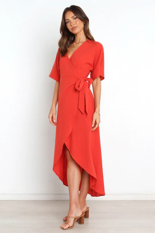 Deep V-Neck Flutter Sleeve Wrap Tie Waist High Low Hem Midi Dress 5