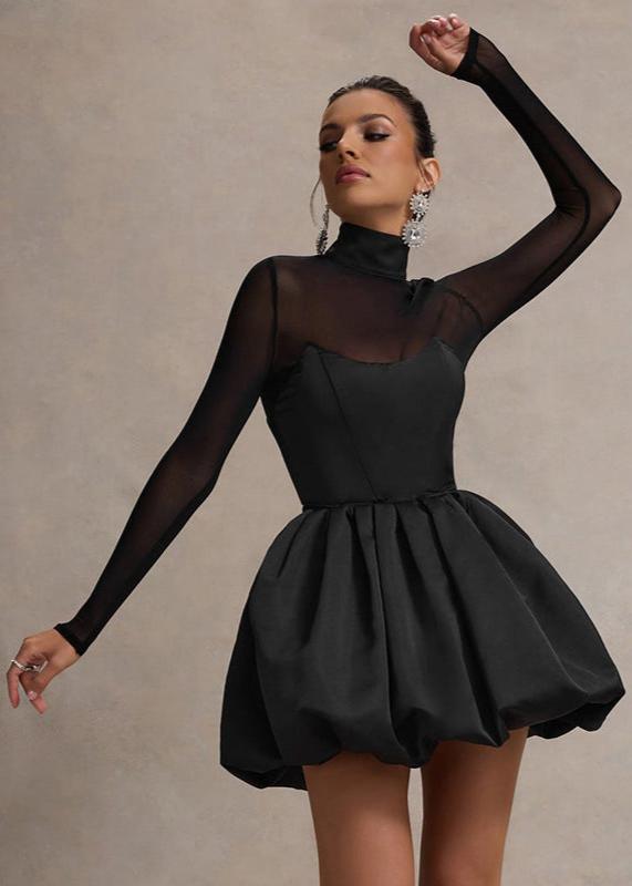 Mock Neck Sheer Sleeve Sweetheart Bubble Hem Mini Dress 4