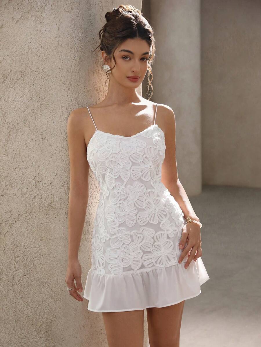 Floral Lace Appliqué Spaghetti Strap Ruffle Hem Bodycon Mini Dress 6