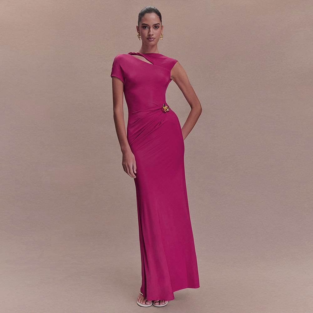 One Shoulder Cap Sleeve Cutout Ruched Maxi Dress with Buckle
