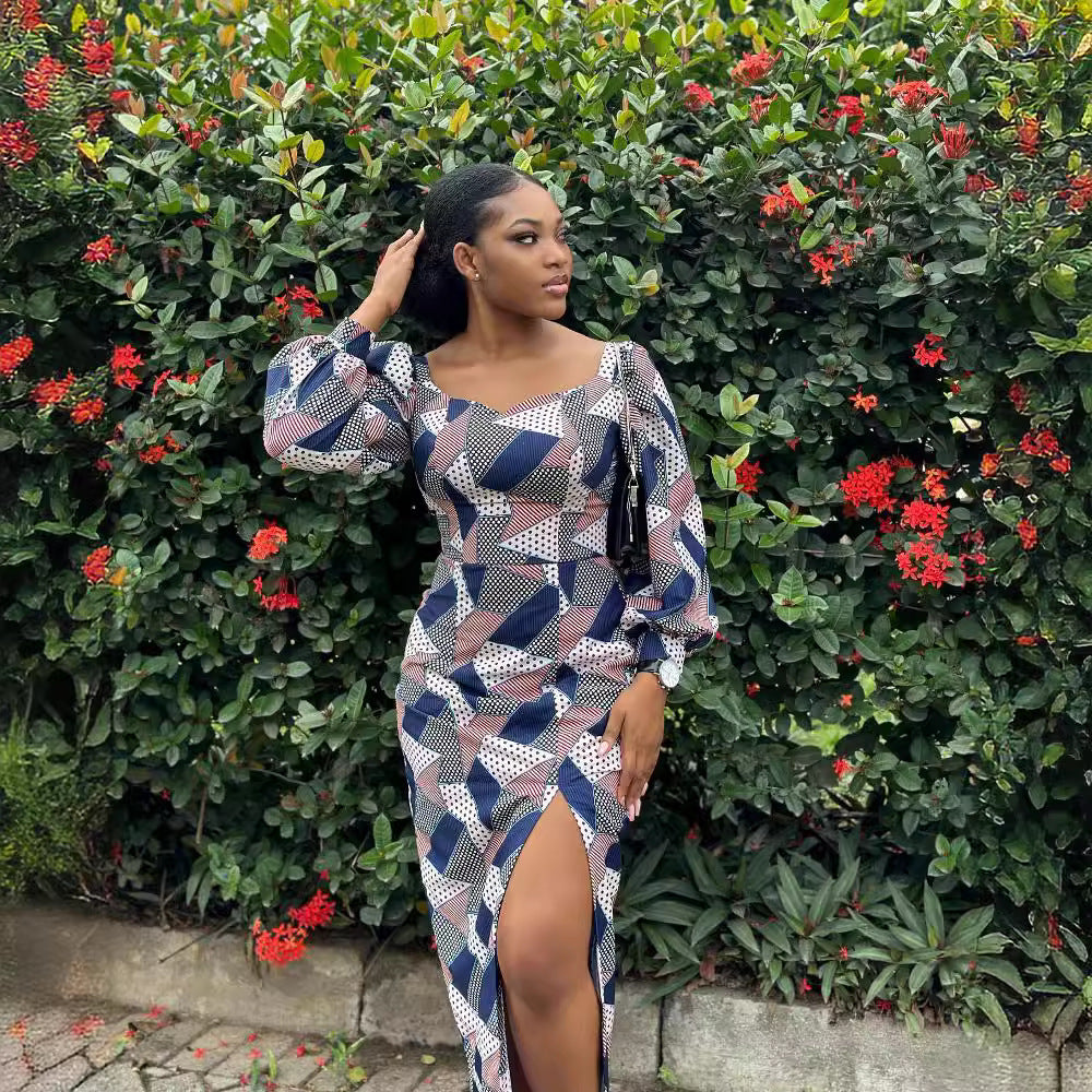 Square Neck Puff Sleeve Geometric Polka Dot Print High Slit Midi Dress 3