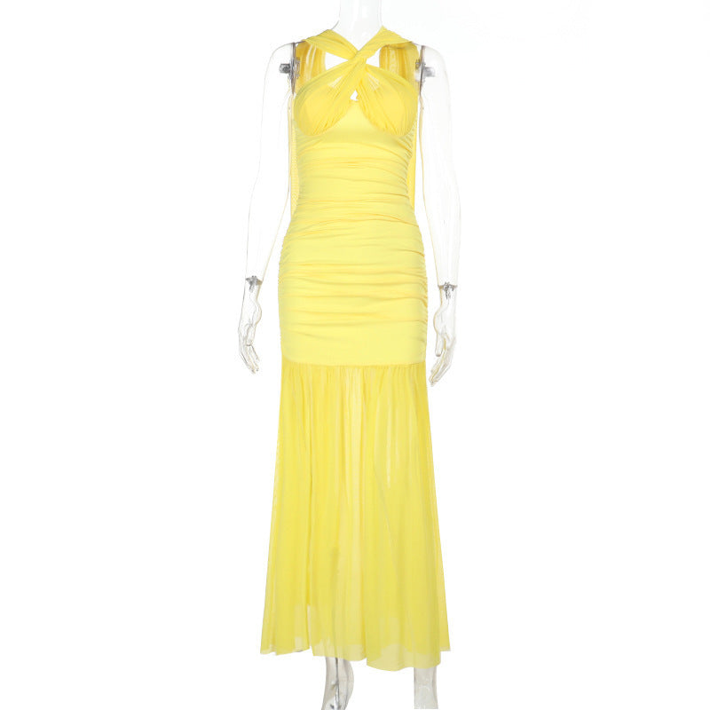 Halter Keyhole Ruched Bustier Mesh Skirt Column Maxi Gown 9