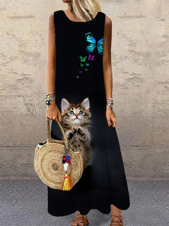 Crew Neck Geometric Line Print Sleeveless Maxi Dress 4