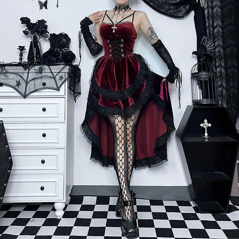 Lace Up Corset Cross Strap Velvet Lace Trim Hi-Lo Ruffle Dress 2