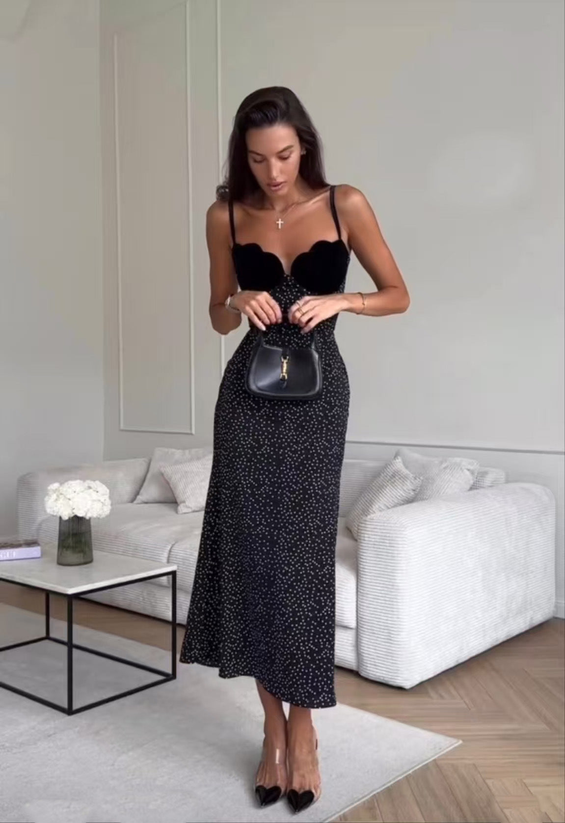 Spaghetti Strap Scalloped Velvet Bust Polka Dot Bodycon Maxi Dress 6