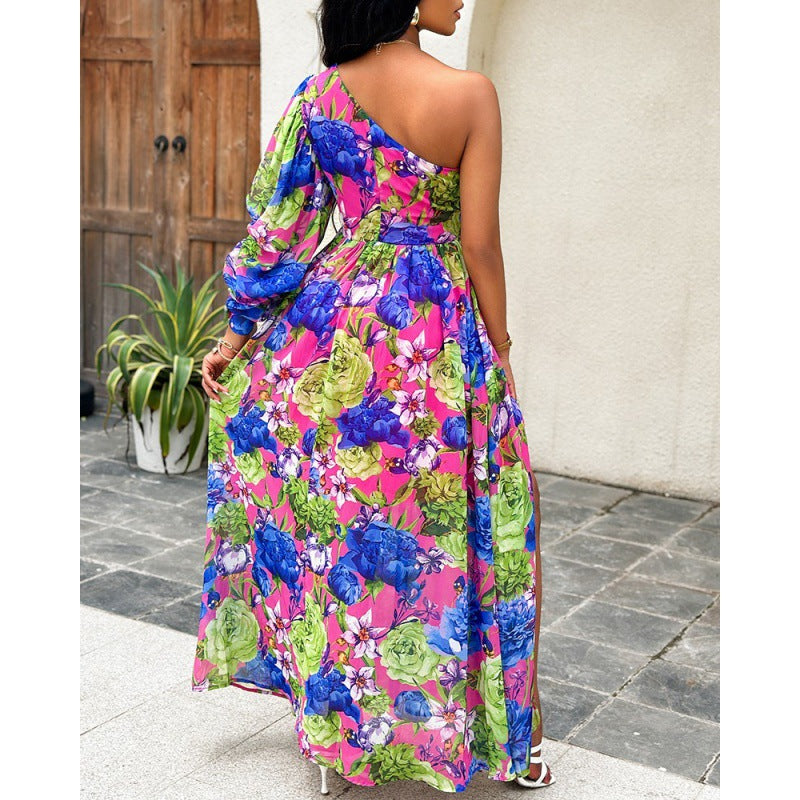 Floral Print One-Shoulder Lantern Sleeve Belted High Slit Maxi Dress 4