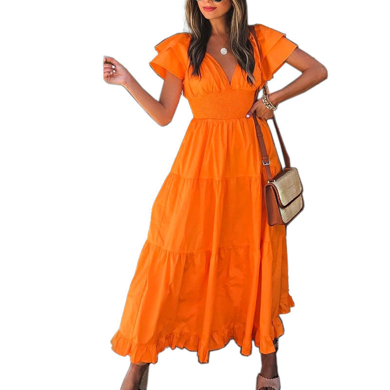 Deep V Neck Flutter Sleeve Smocked Waist Tiered Ruffle Hem Maxi Dress 4