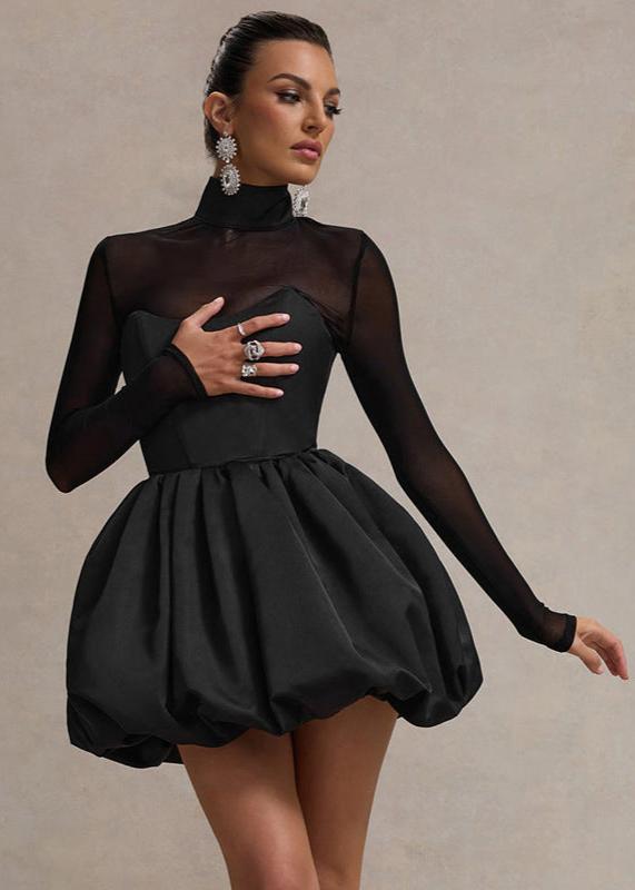 Mock Neck Sheer Sleeve Sweetheart Bubble Hem Mini Dress 3