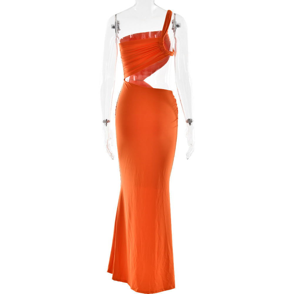 One Shoulder Ruched Side Cutout Pooling Sash Column Maxi Dress 6