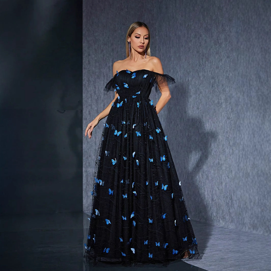 Off Shoulder Butterfly Applique Mesh Overlay Ball Gown Maxi Dress