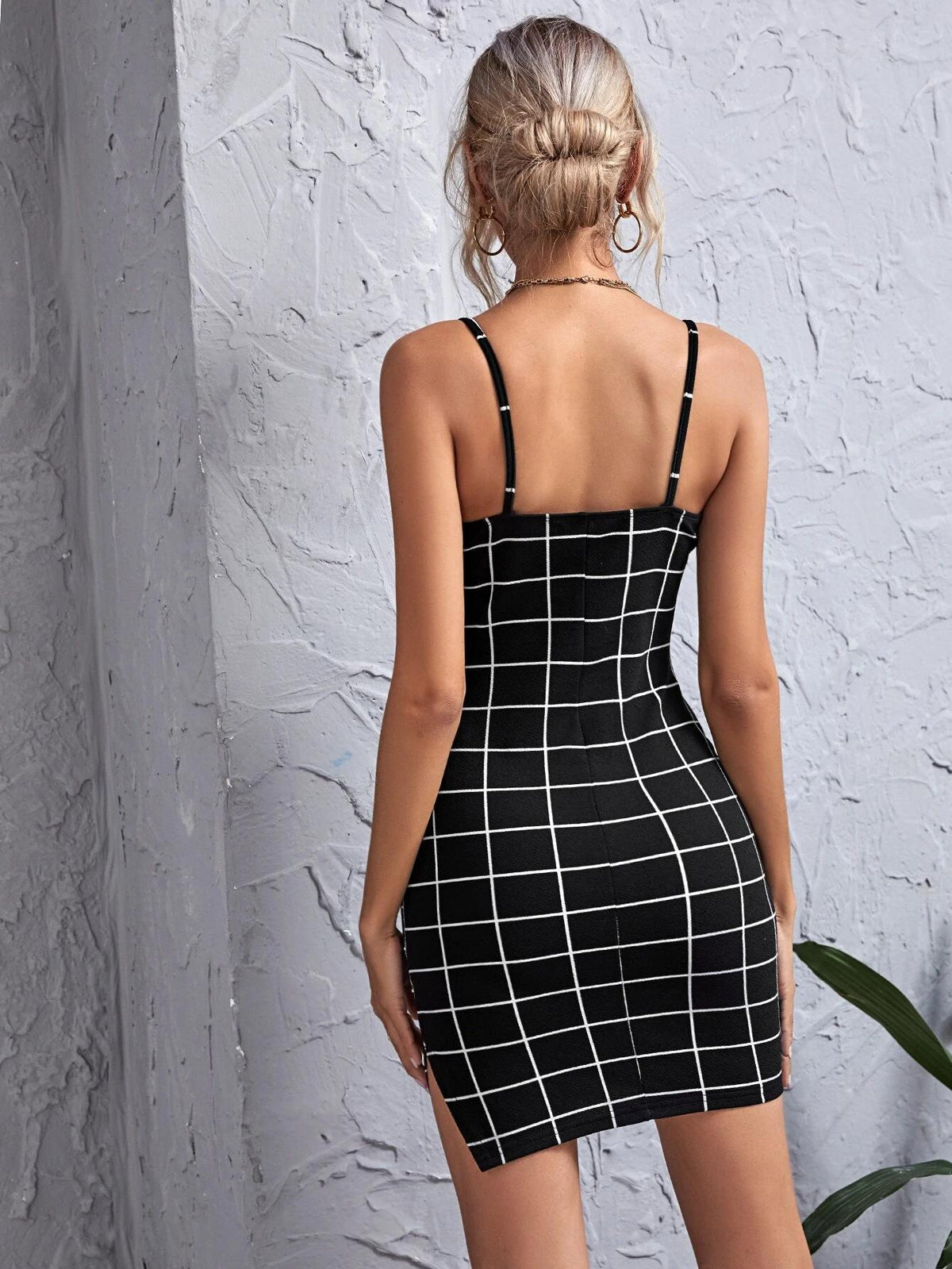 Windowpane Plaid Spaghetti Strap Side Slit Bodycon Mini Dress 5