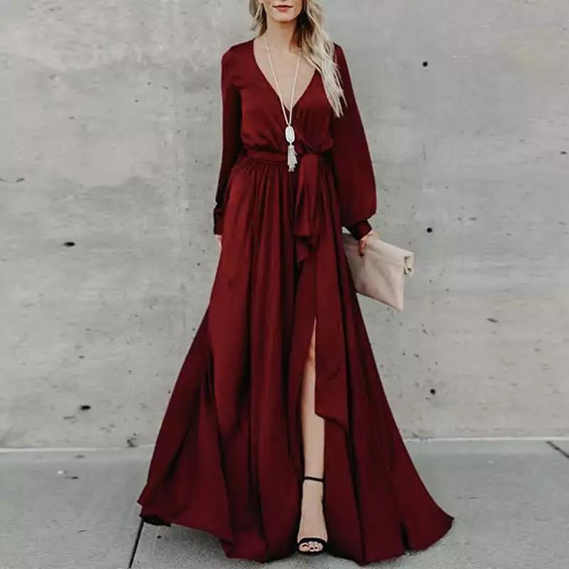 Deep V Neck Bishop Sleeve Tie Waist Wrap Side Slit Maxi Dress 3