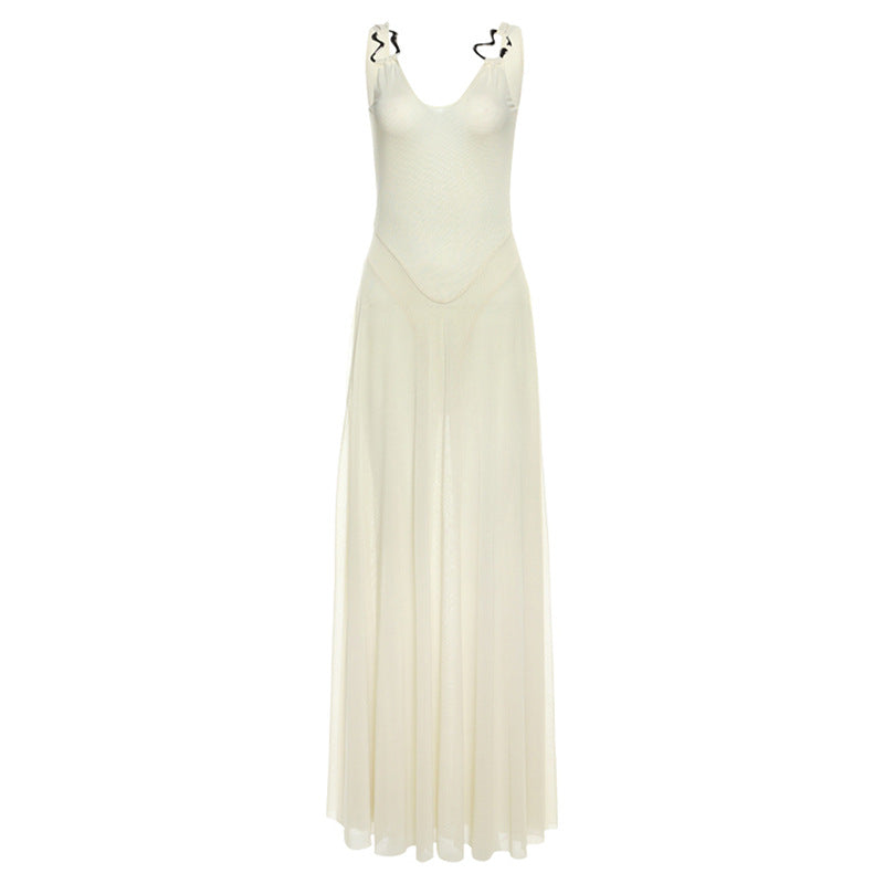 Ring Strap Deep V Neck Pleated Backless Maxi Dress 5