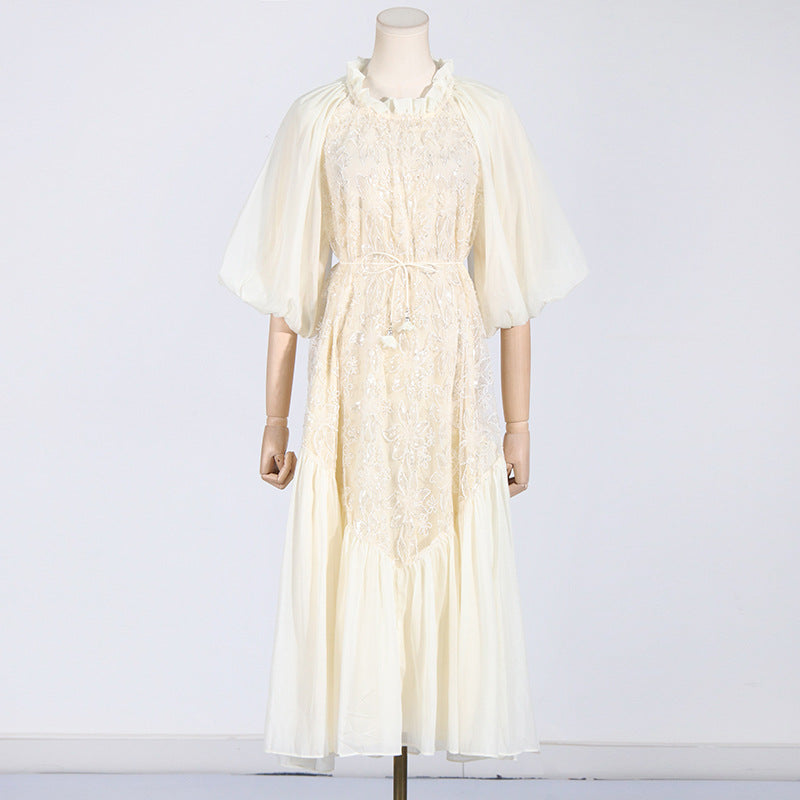 Ruffle Collar Puff Sleeve Lace Sequin Embroidered Drawstring Waist Midi Dress 2