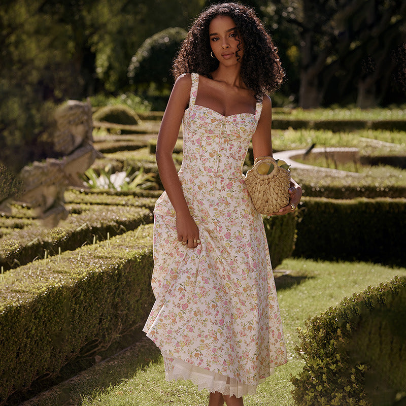 Floral Bustier Lace-Up Cami Strap Flared Midi Dress 3