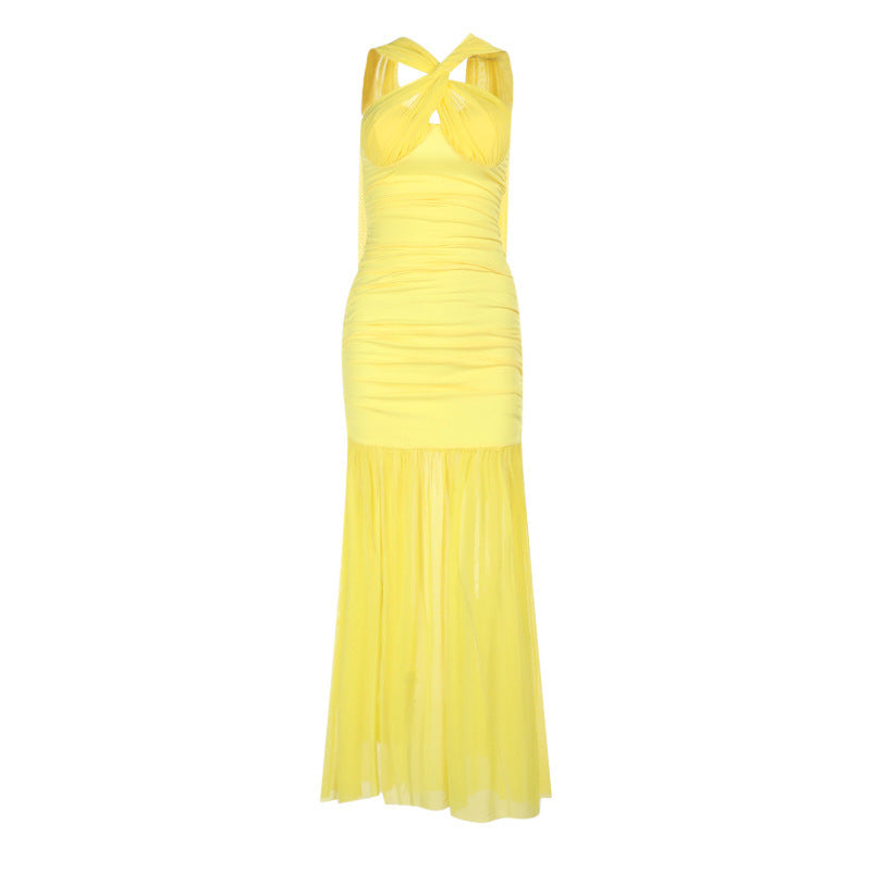 Halter Keyhole Ruched Bustier Mesh Skirt Column Maxi Gown 12
